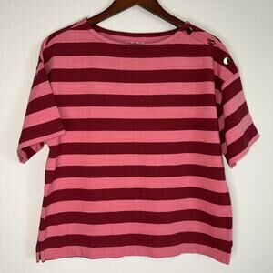 Loft Casual Short Sleeve Blouse Medium NWT Gold Buttons Striped Pink Maroon